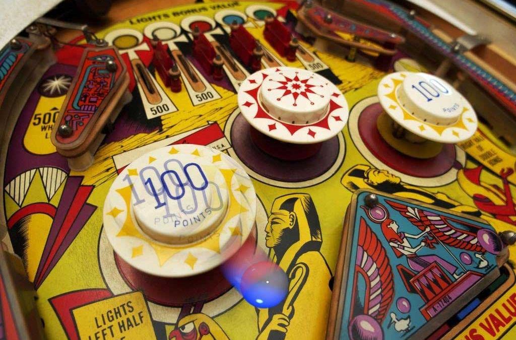 Detail of a vintage pinball machine.